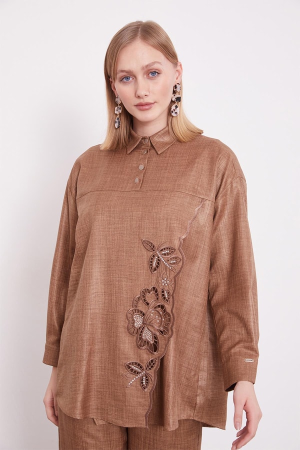 LevidorLatte Nakış Gül Detaylı Tunik Takım