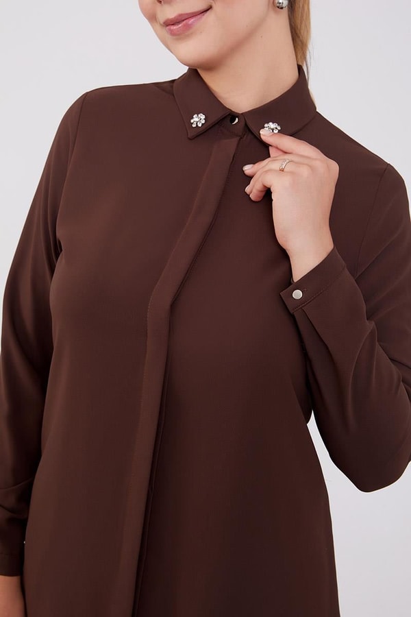 LevidorLevidor Acı Kahve Yakası Taşlı Uzun Gömlek