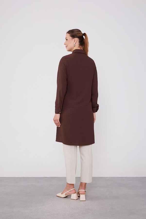 LevidorLevidor Acı Kahve Yakası Taşlı Uzun Gömlek