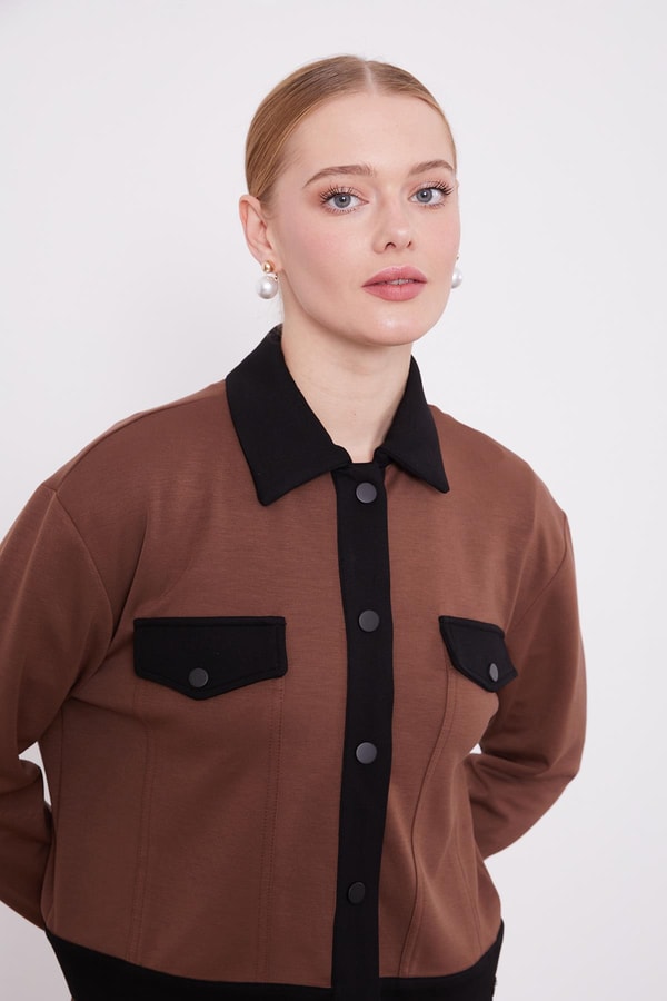 LevidorLevidor ACIKAHVE-SİYAH Gömlek Yaka Çıtçıtlı Penye Etekli Takım