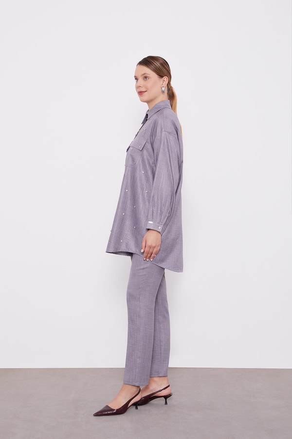 LevidorLevidor Antrasit Taş İşlemeli Melanj Gömlek İkili Takım