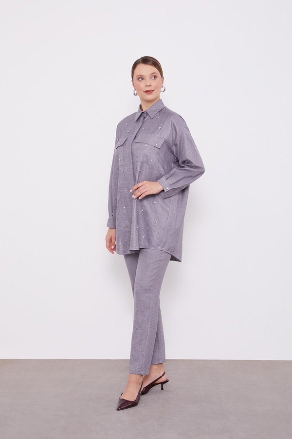 LevidorLevidor Antrasit Taş İşlemeli Melanj Gömlek İkili Takım