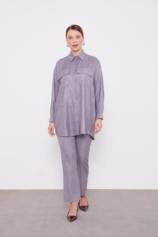 LevidorLevidor Antrasit Taş İşlemeli Melanj Gömlek İkili Takım