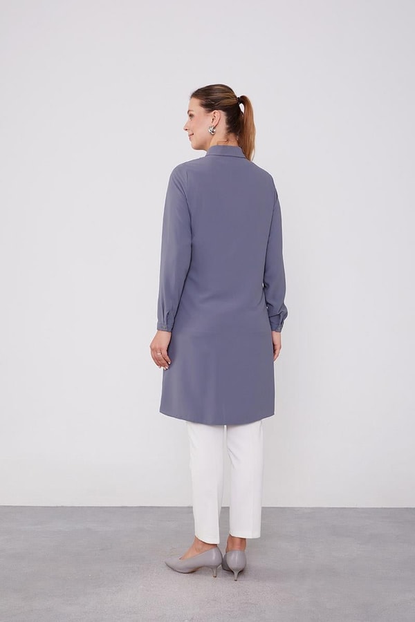 LevidorLevidor Antrasit Yakası Taşlı Uzun Gömlek