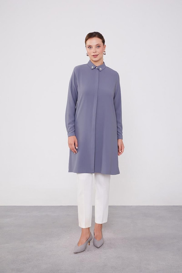 LevidorLevidor Antrasit Yakası Taşlı Uzun Gömlek