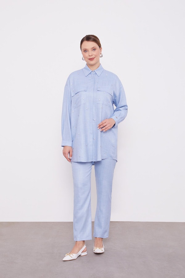 LevidorLevidor Bebe Mavisi Taş İşlemeli Melanj Gömlek İkili Takım