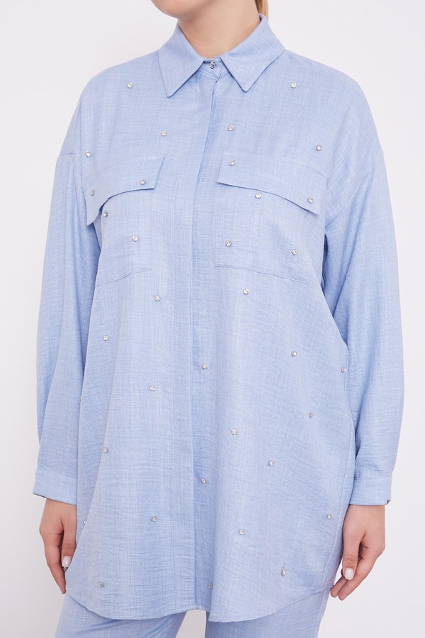 LevidorLevidor Bebe Mavisi Taş İşlemeli Melanj Gömlek İkili Takım