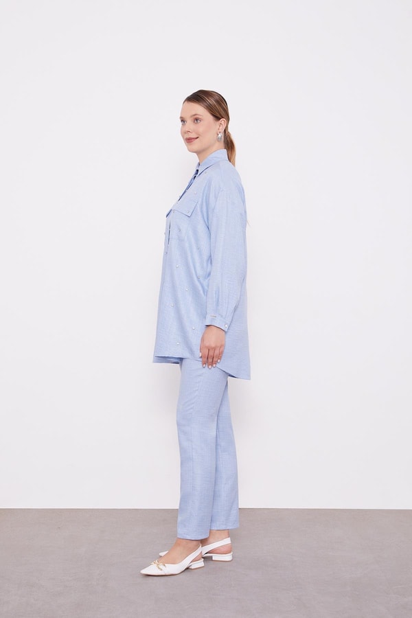 LevidorLevidor Bebe Mavisi Taş İşlemeli Melanj Gömlek İkili Takım