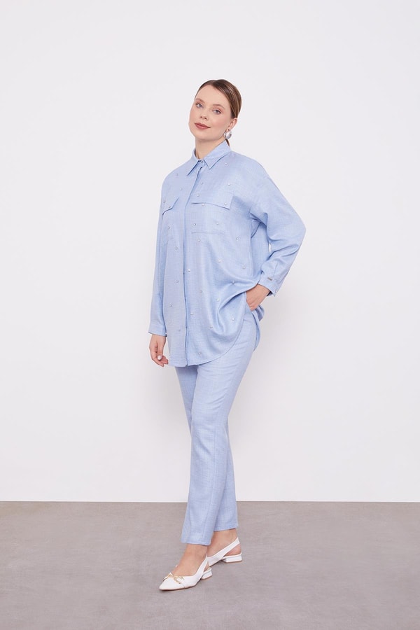 LevidorLevidor Bebe Mavisi Taş İşlemeli Melanj Gömlek İkili Takım