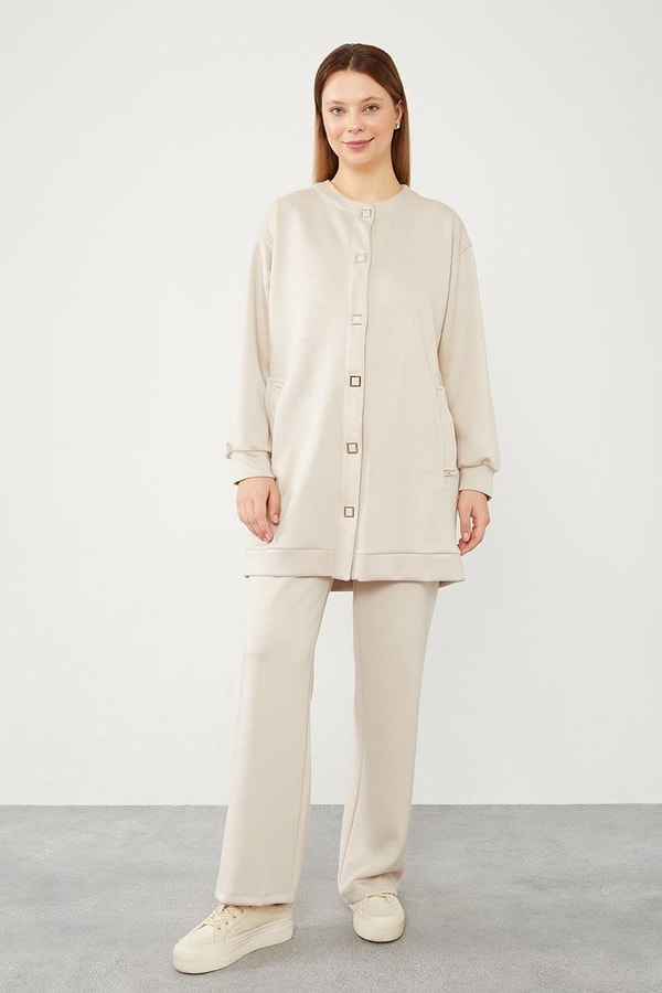 LevidorLevidor Bej Bisiklet Yaka Cepli Penye Pantolonlu Spor Takım