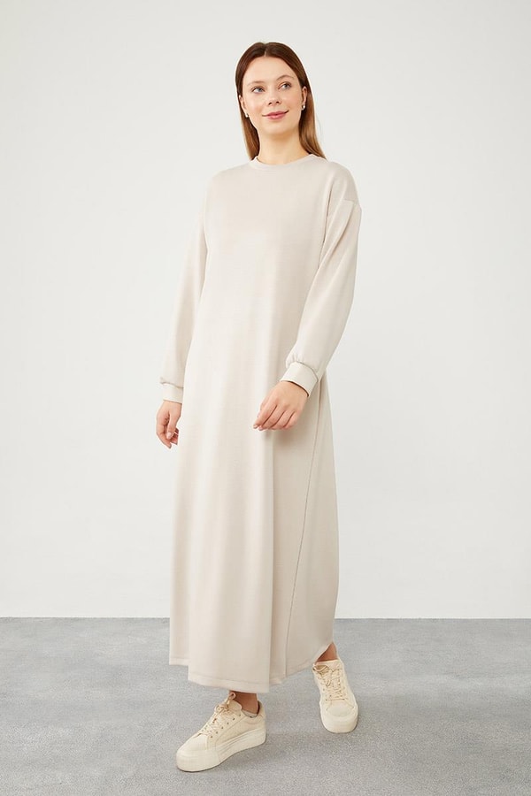 LevidorLevidor Bej Bisiklet Yaka Kolları Ribanalı Elbise