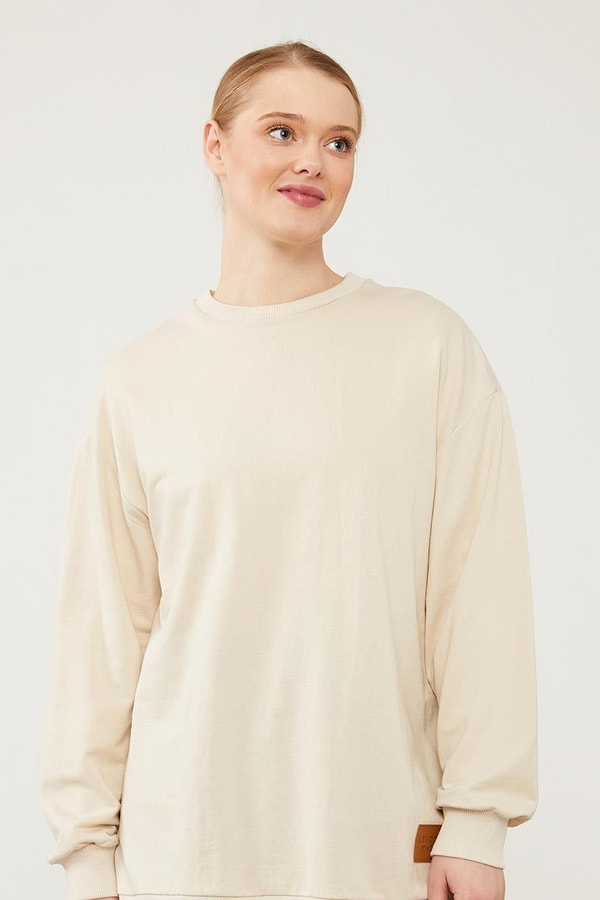 LevidorLevidor Bej Bisiklet Yaka Ribanalı Basic Sweat