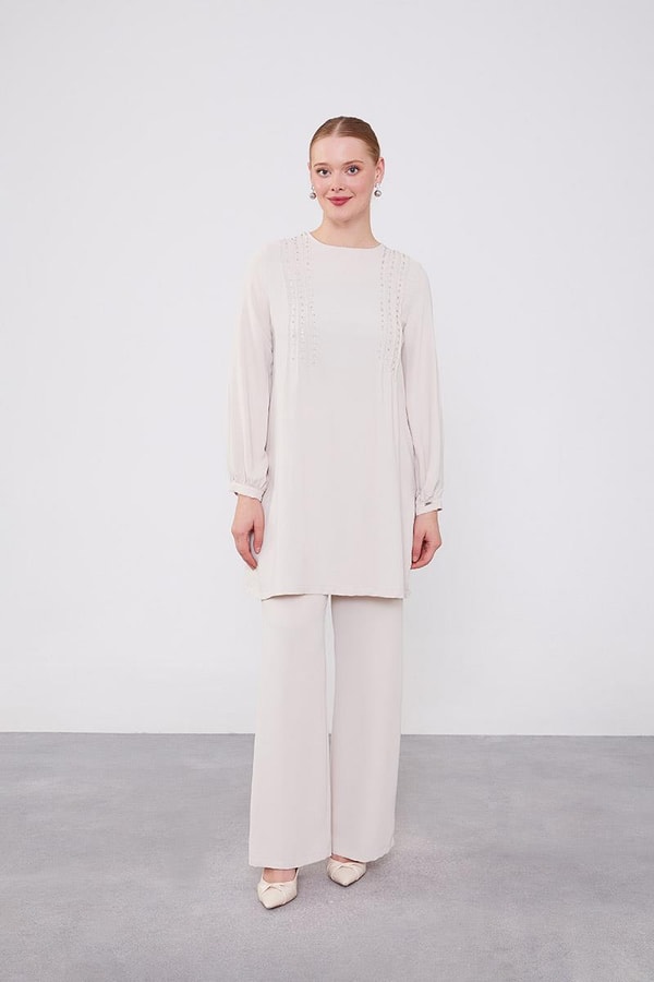 LevidorLevidor Bej Boncuk İşlemeli Tunik Takım