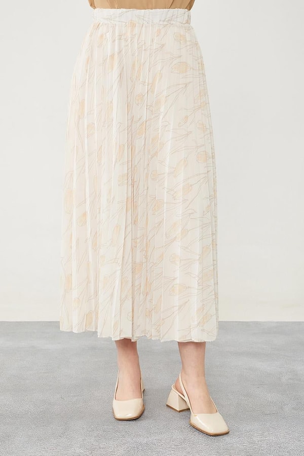 LevidorLevidor Bej Çiçek Desen Şifon Etek