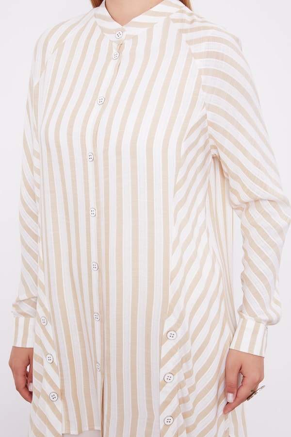 LevidorLevidor Bej Çizgili Bisiklet Yaka Gömlek