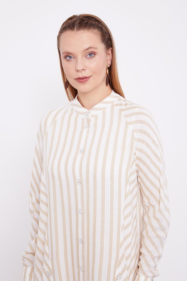 LevidorLevidor Bej Çizgili Bisiklet Yaka Gömlek