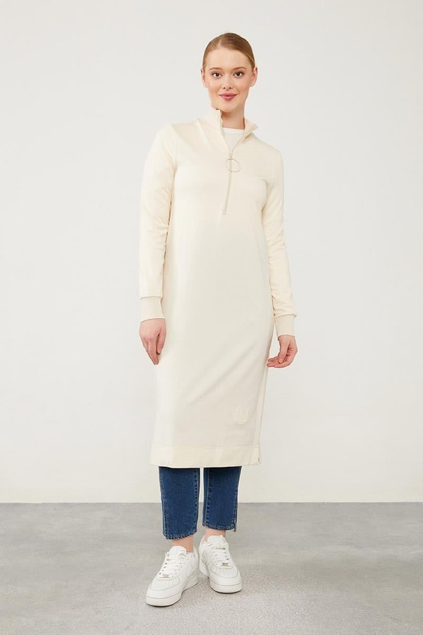 LevidorLevidor Bej Dik Yaka Fermuarlı Penye Elbise