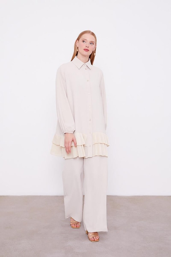 LevidorLevidor Bej Eteği Pileli Gömlek Yaka Tunik Takım