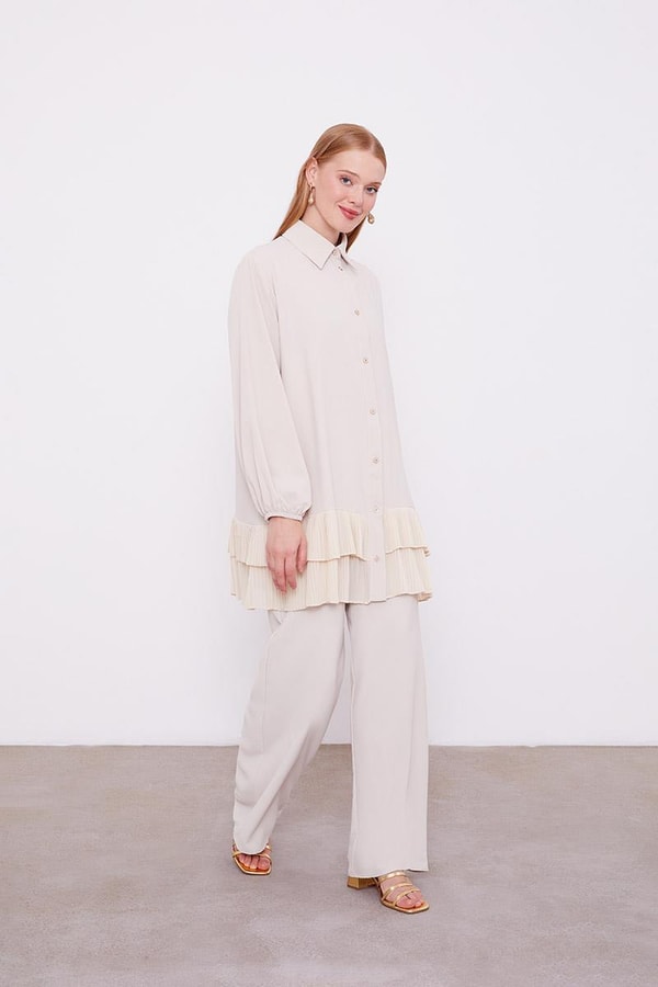 LevidorLevidor Bej Eteği Pileli Gömlek Yaka Tunik Takım