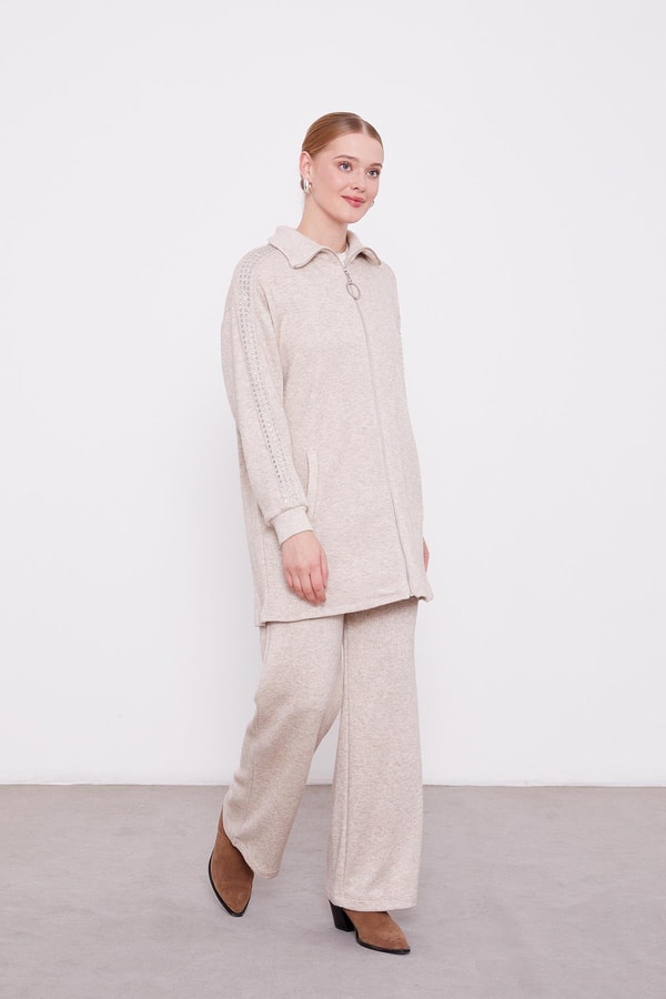 LevidorLevidor Bej Kolları Taş İşlemeli Kaşmir İkili Takım