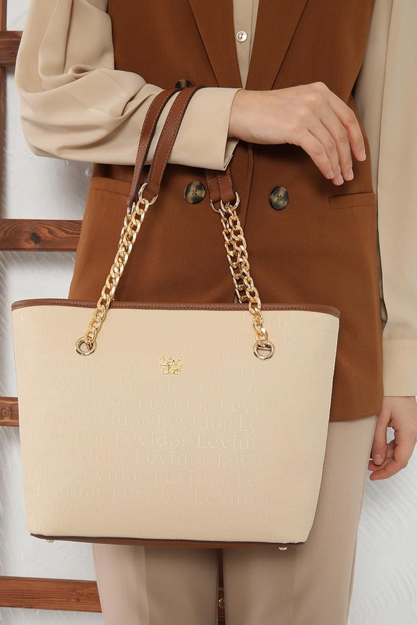 LevidorLevidor Bej Monogram Baskılı Zincir Askılı Tote Çanta