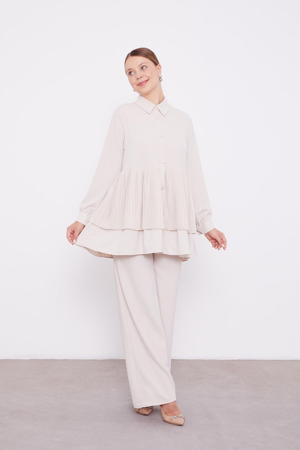 LevidorLevidor Bej Şifon Pileli Gömlek İkili Takım