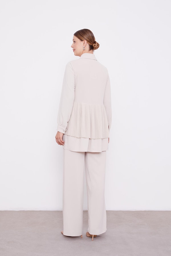 LevidorLevidor Bej Şifon Pileli Gömlek İkili Takım