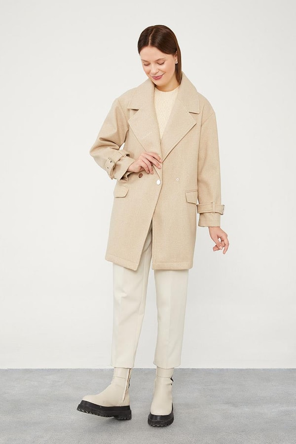 LevidorLevidor Bej Tek Düğmeli Astarsız Kısa Kaşe Kaban