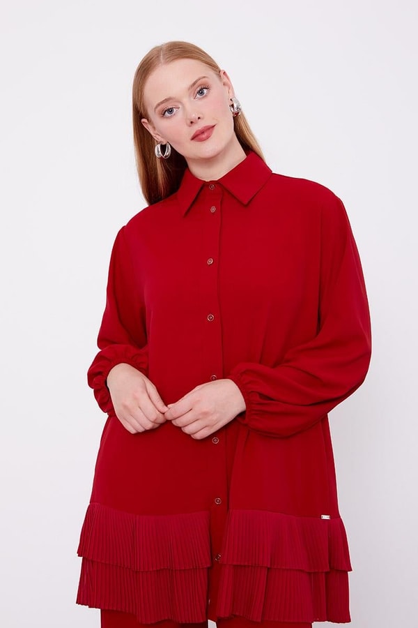 LevidorLevidor Bordo Eteği Pileli Gömlek Yaka Tunik Takım