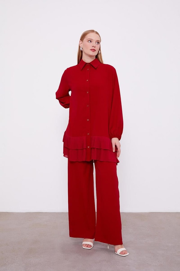 LevidorLevidor Bordo Eteği Pileli Gömlek Yaka Tunik Takım