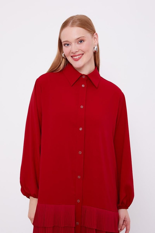 LevidorLevidor Bordo Eteği Pileli Gömlek Yaka Tunik Takım