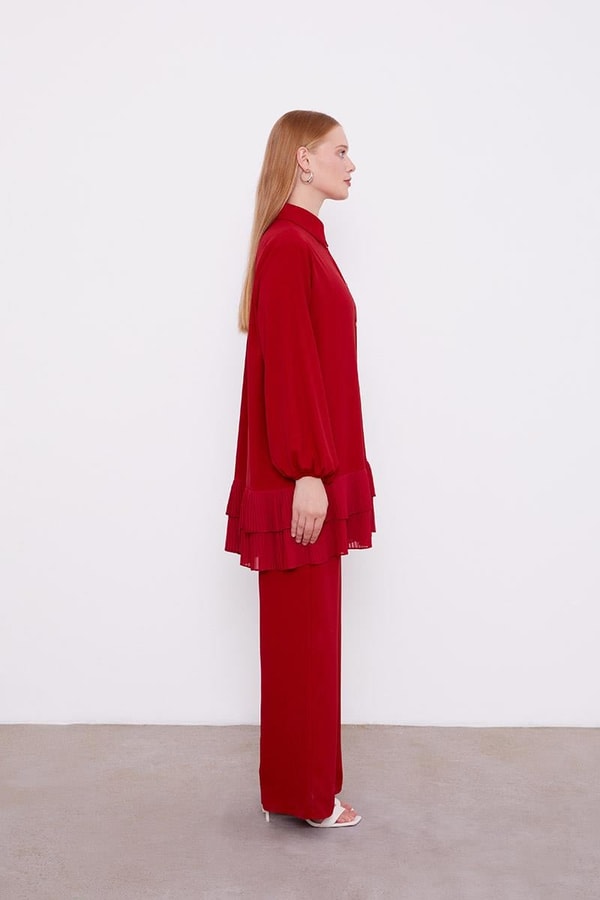 LevidorLevidor Bordo Eteği Pileli Gömlek Yaka Tunik Takım