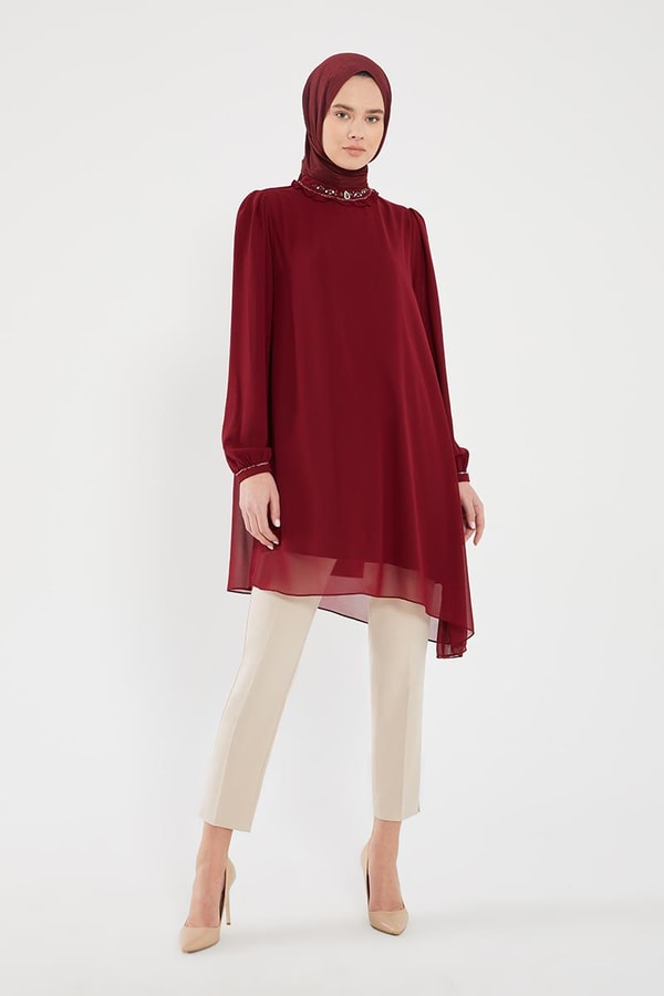 LevidorLevidor Bordo Yakası İşlemeli Şifon Abiye Tunik