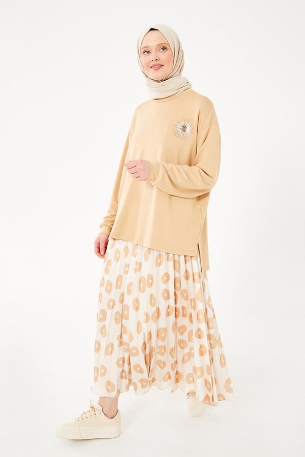 LevidorLevidor Camel Baskılı Piliseli Etek Takım