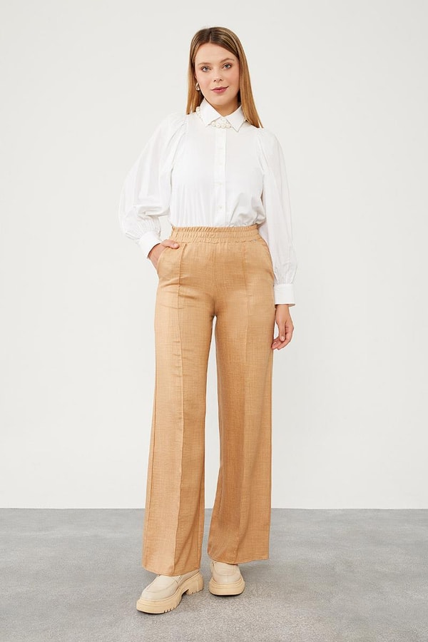 LevidorLevidor Camel Belli Lastikli Çizgi Detay Pantolon