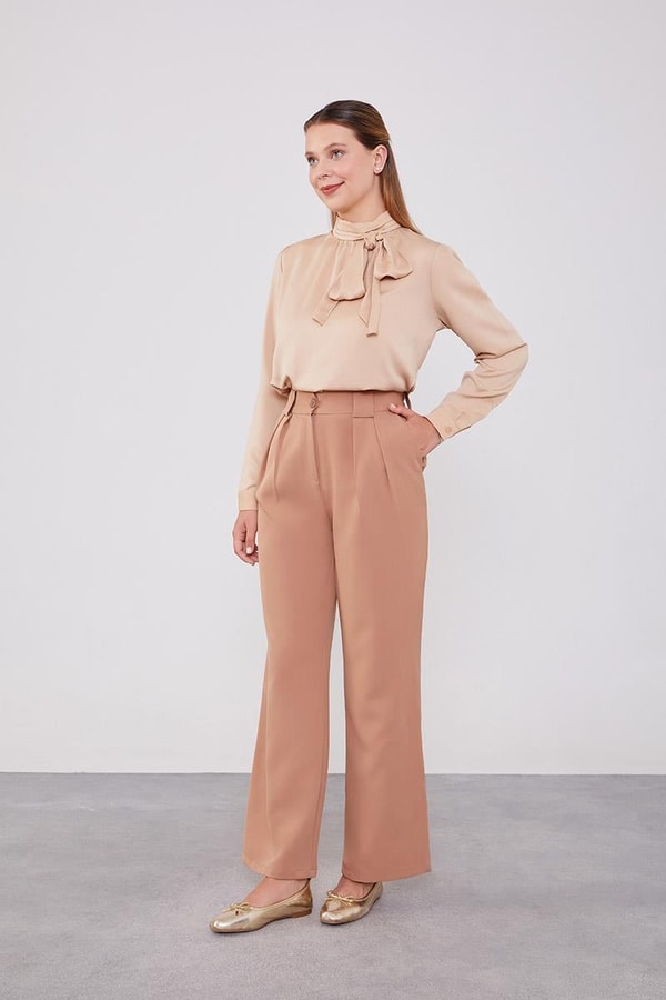 LevidorLevidor Camel Çift Pileli Kumaş Pantolon