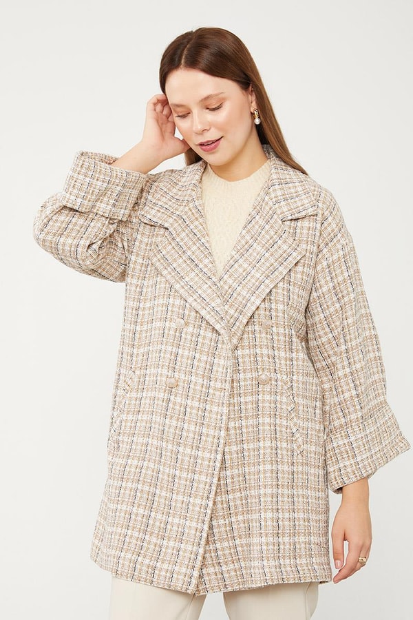 LevidorLevidor Camel Double Kol Ekose Desen Ceket