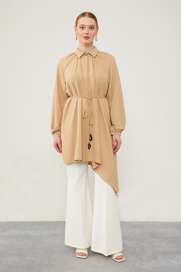LevidorLevidor Camel Gömlek Yaka Beli İp Bağlamalı Tunik