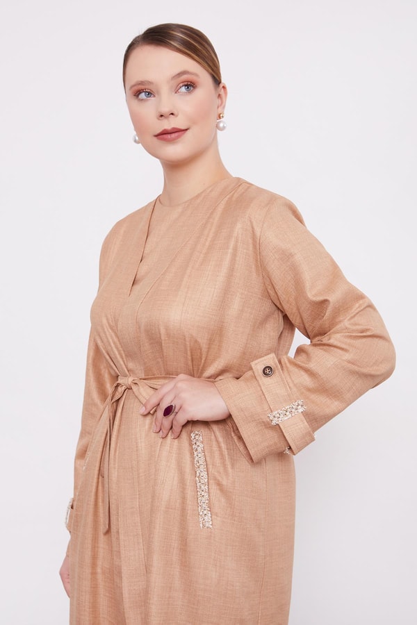 LevidorLevidor Camel İşlemeli  Melanj Kimono Üçlü Takım