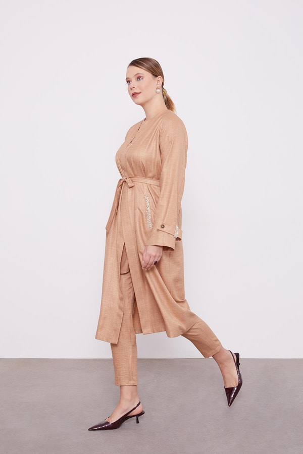 LevidorLevidor Camel İşlemeli  Melanj Kimono Üçlü Takım