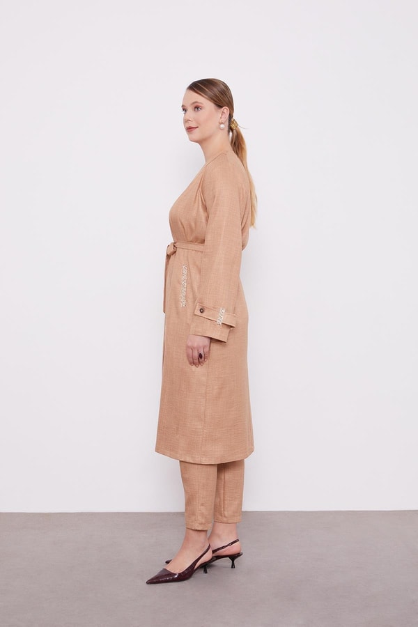 LevidorLevidor Camel İşlemeli  Melanj Kimono Üçlü Takım