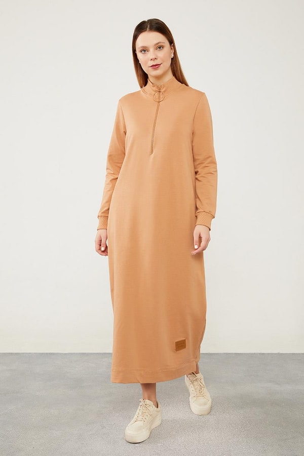 LevidorLevidor Camel Kolları Ribanalı Fermuar Kapama Elbise