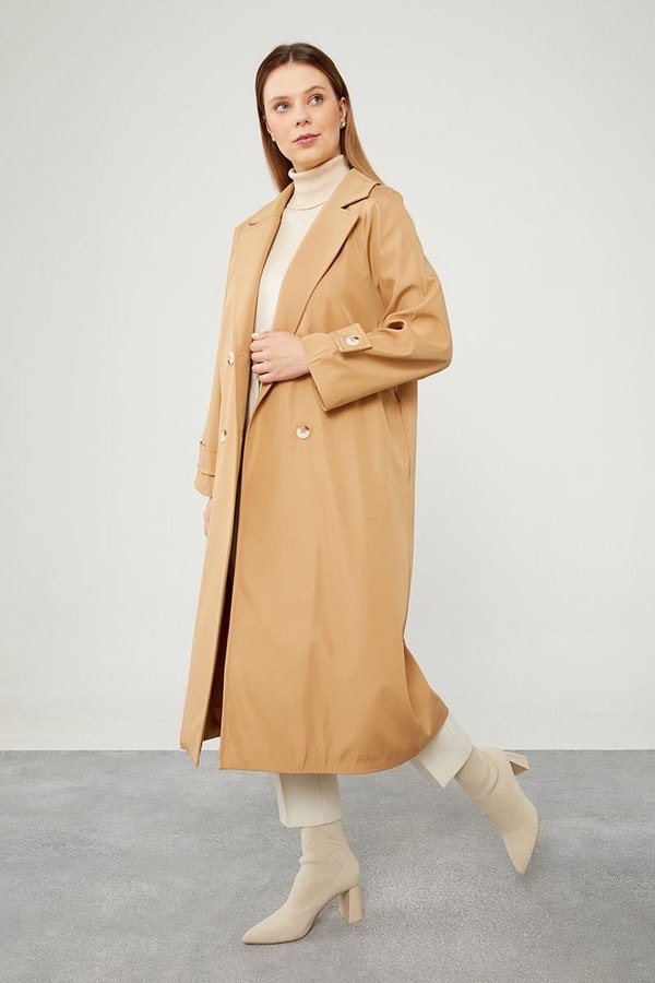 LevidorLevidor Camel Midi Boy Kuşaklı Trençkot