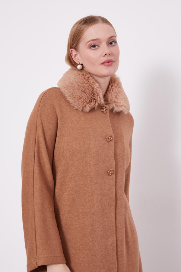 LevidorLevidor Camel Yakası Kürklü Kaşmiş Hırka