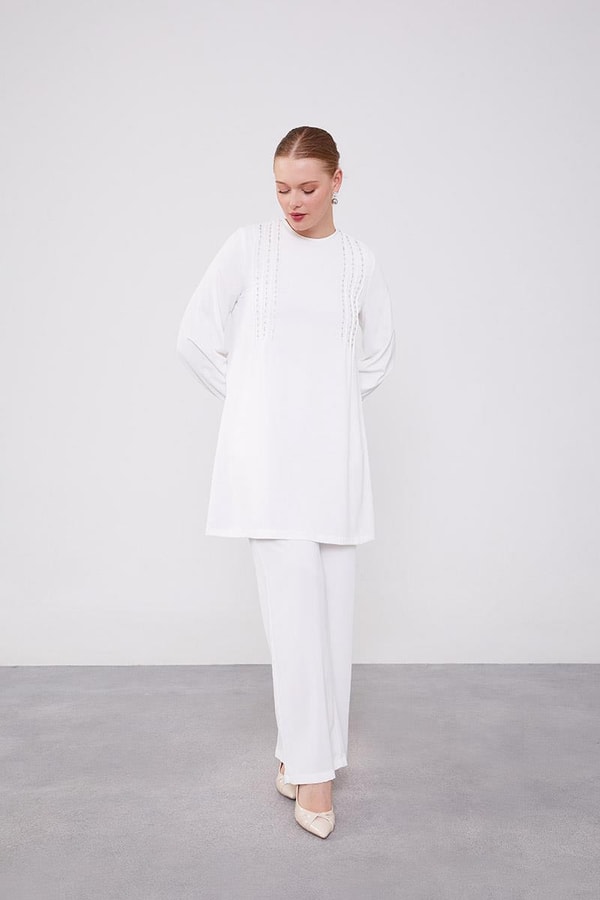 LevidorLevidor Ekru Boncuk İşlemeli Tunik Takım