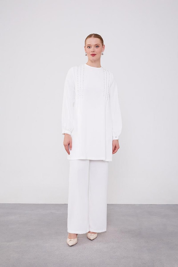 LevidorLevidor Ekru Boncuk İşlemeli Tunik Takım