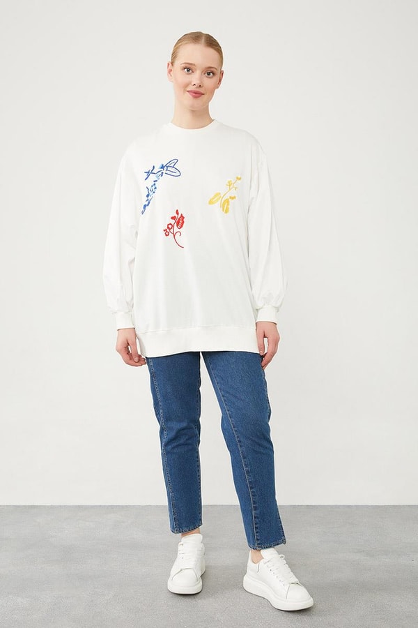 LevidorLevidor Ekru Çiçekli Nakış İşlemeli Sweat