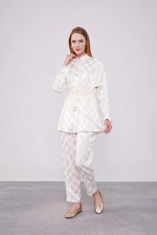 LevidorLevidor Ekru Dama Desen Jakalı İkili Takım