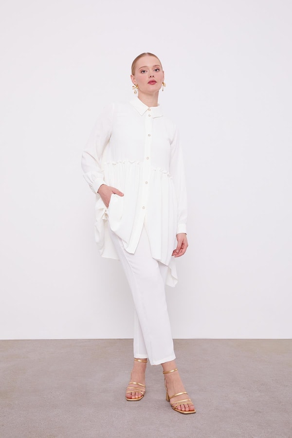 LevidorLevidor Ekru Göğüs Altı Pileli Şifon İkili Takım