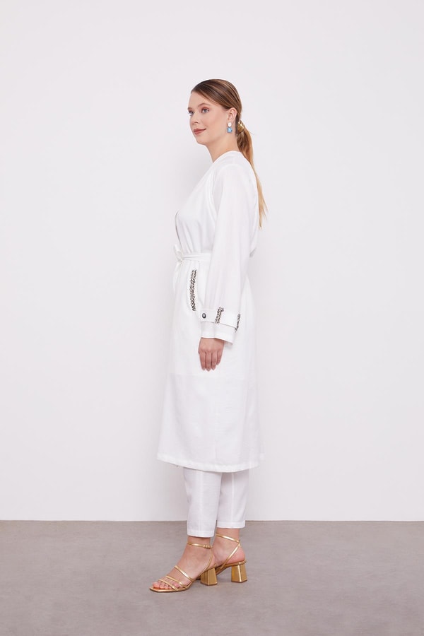 LevidorLevidor Ekru İşlemeli  Melanj Kimono Üçlü Takım